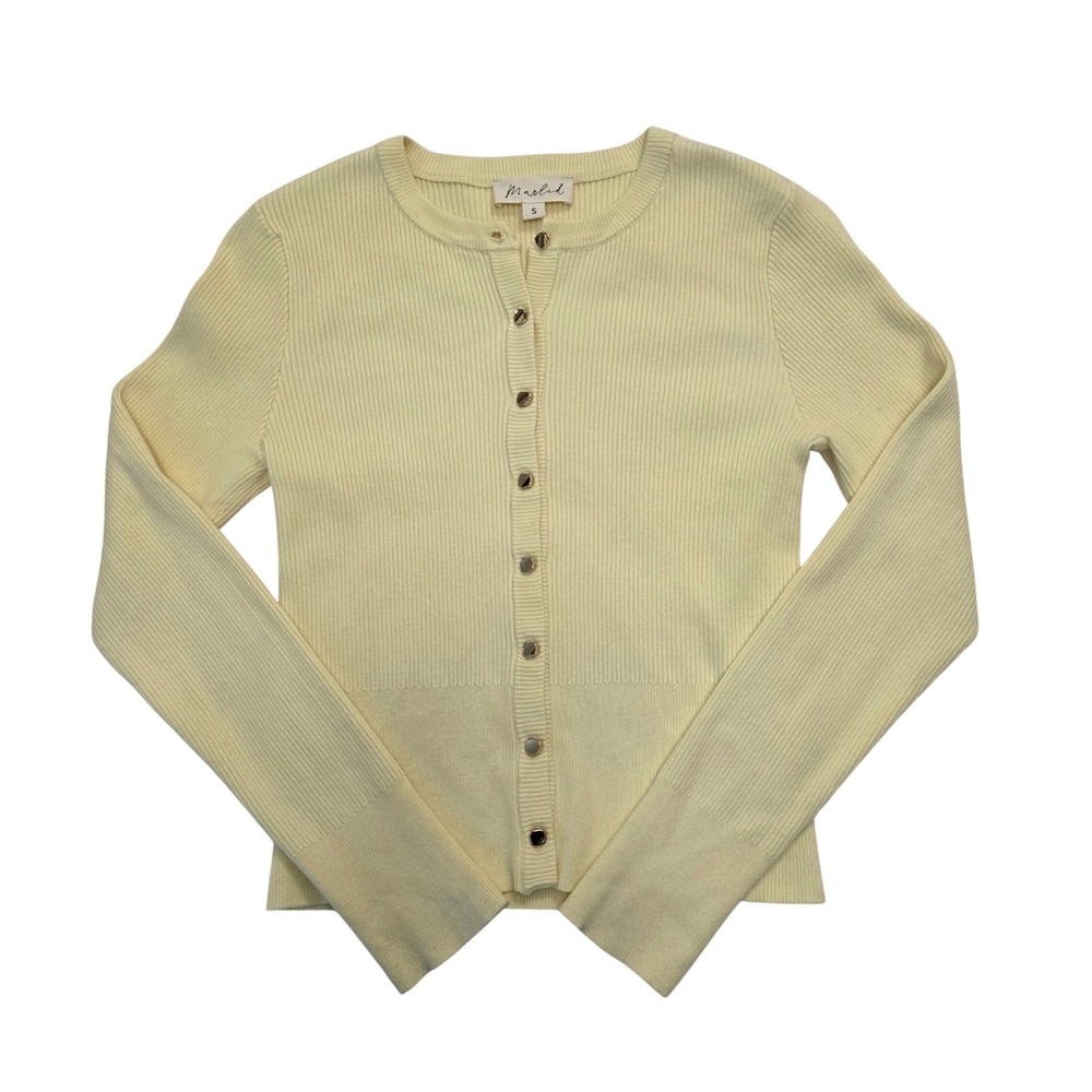 Marled Womens Ribbed Knit Cardigan Sweater Pale Yellow Gold Button Slim Fit S